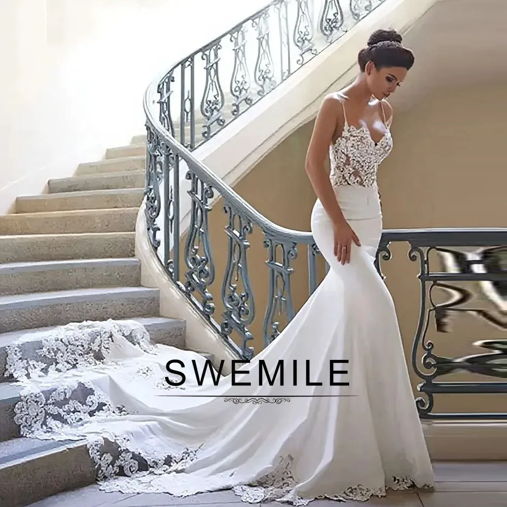 SWEMILE Elegant Mermaid Wedding Dress for Women Spaghetti Straps Button Appliques Bride Gowns Vestidos Para Mujer Customized