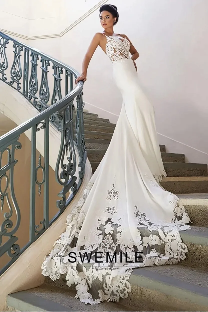 SWEMILE Elegant Mermaid Wedding Dress for Women Spaghetti Straps Button Appliques Bride Gowns Vestidos Para Mujer Customized