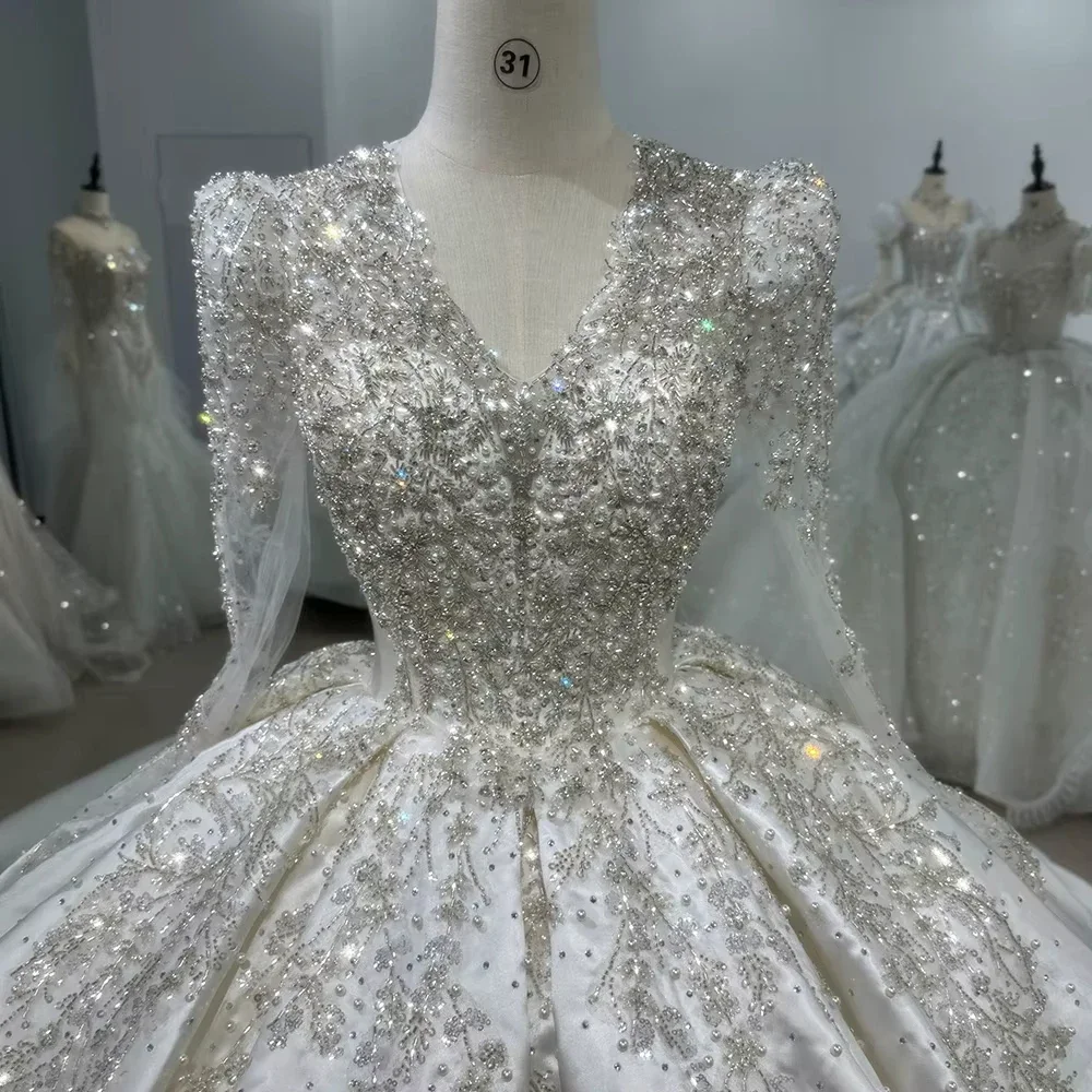 Customize Satin Wedding Dress Long Sleeve V-Neck Sequined Beading Luxury Bridal Dress Vestidos De Novia