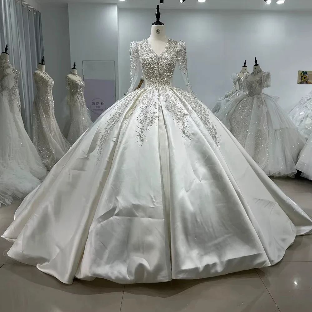 Customize Satin Wedding Dress Long Sleeve V-Neck Sequined Beading Luxury Bridal Dress Vestidos De Novia