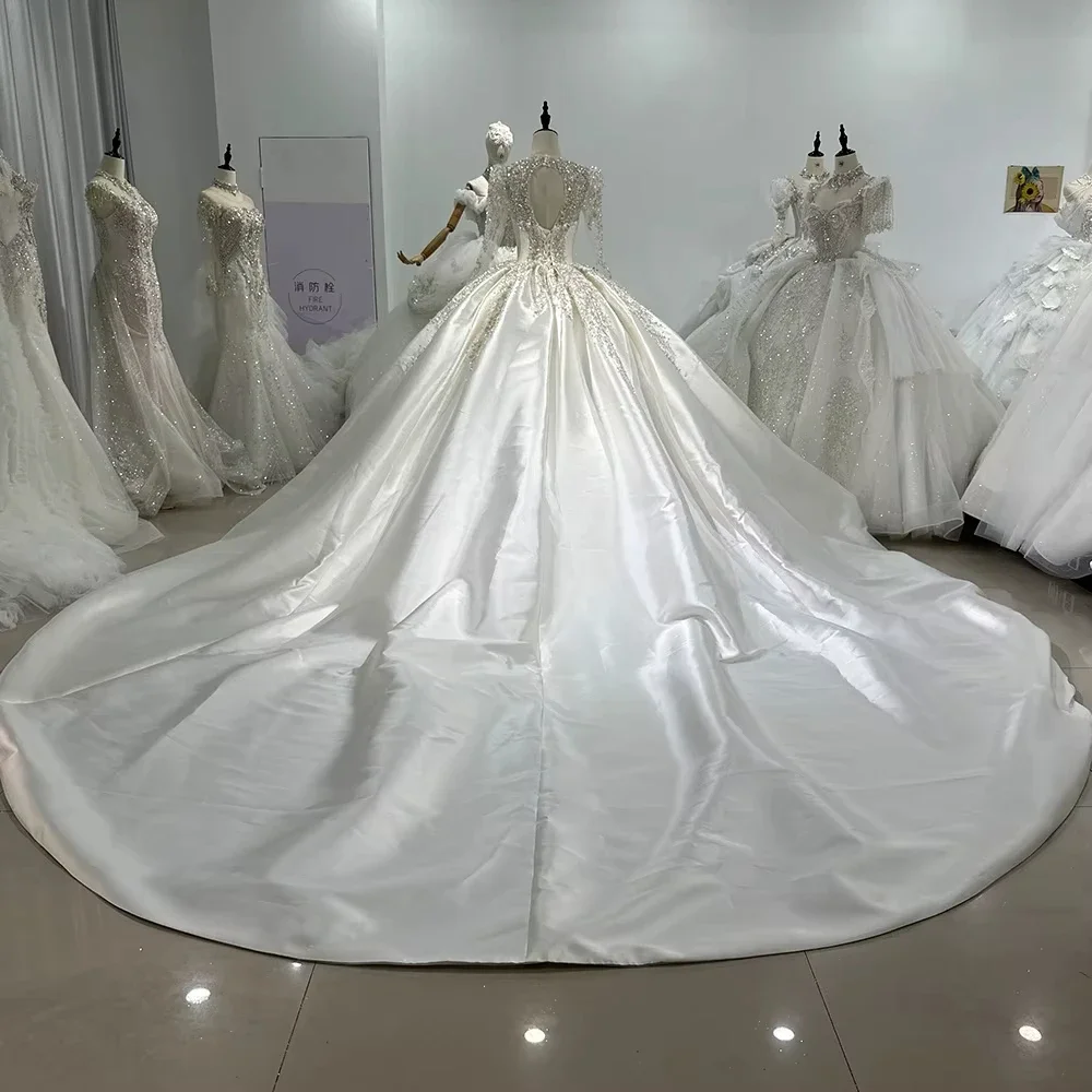 Customize Satin Wedding Dress Long Sleeve V-Neck Sequined Beading Luxury Bridal Dress Vestidos De Novia