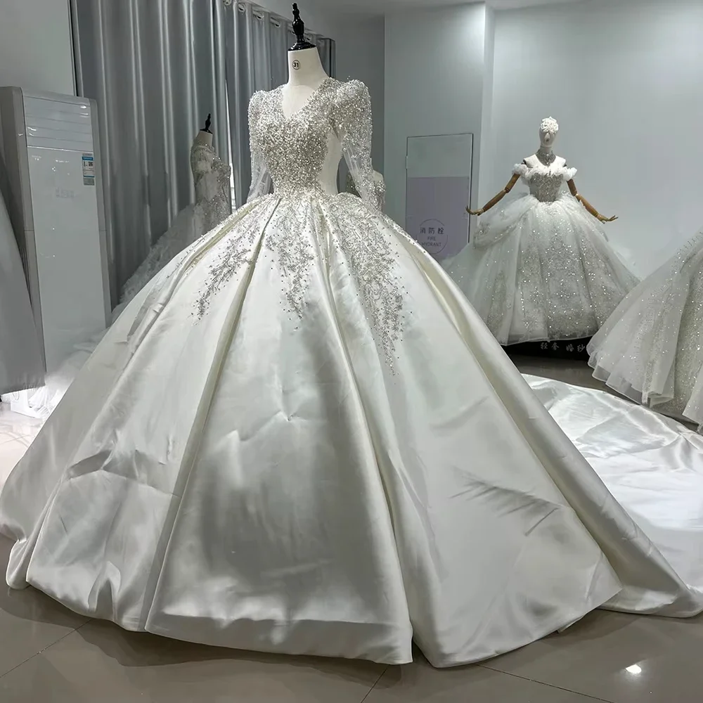 Customize Satin Wedding Dress Long Sleeve V-Neck Sequined Beading Luxury Bridal Dress Vestidos De Novia