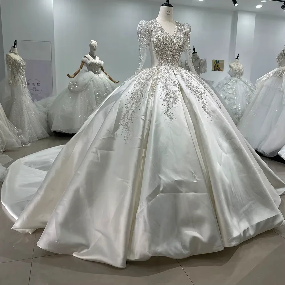 Customize Satin Wedding Dress Long Sleeve V-Neck Sequined Beading Luxury Bridal Dress Vestidos De Novia