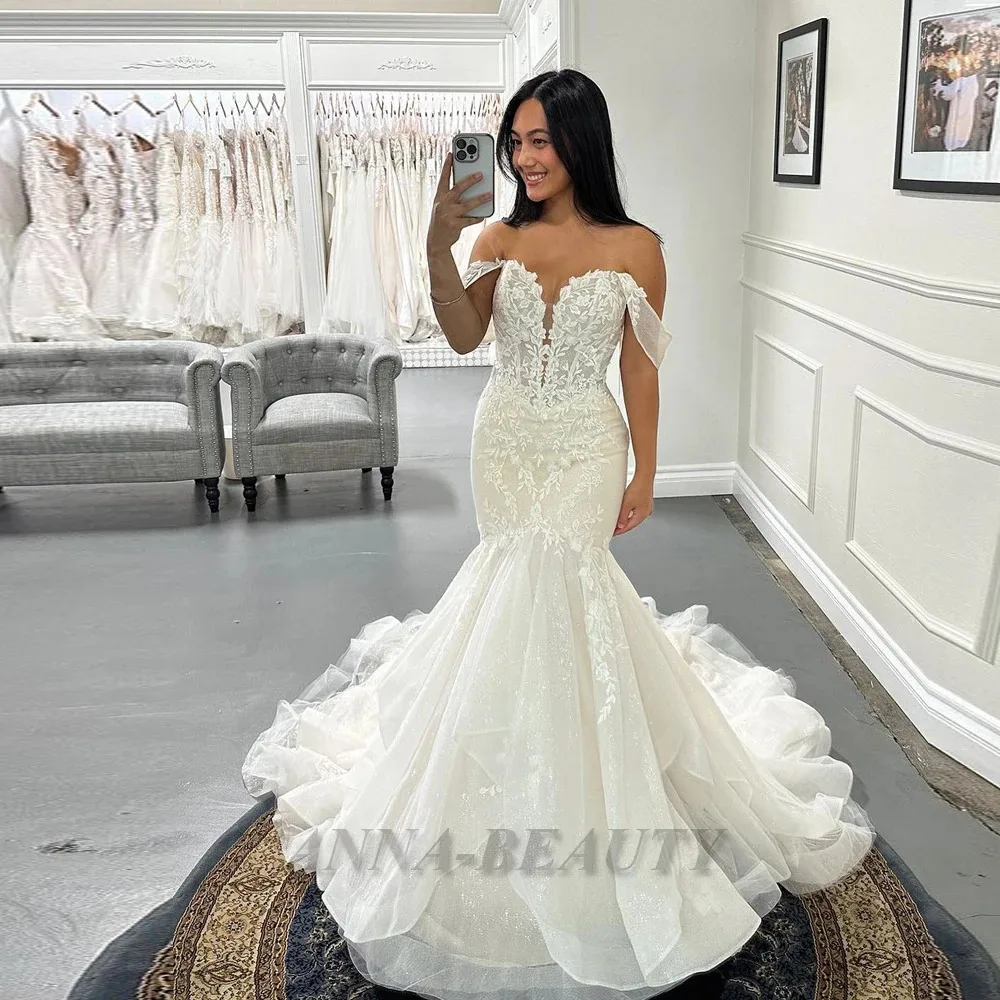 Anna Stylish Ruffles Wedding Dresses for Mariages Mermaid Lace Appliques Off the Shoulder Vestido de Casamento Customised