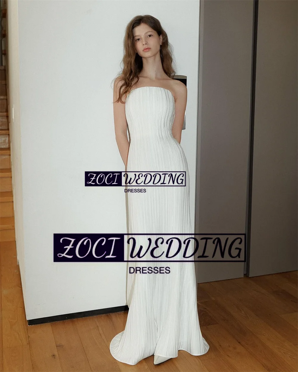 Zoci Luxury Strapless Wedding Dresses Sleeveless Pleats Satin Draped Korea Photos Shoot Dress Customized Backless Bridal Gown