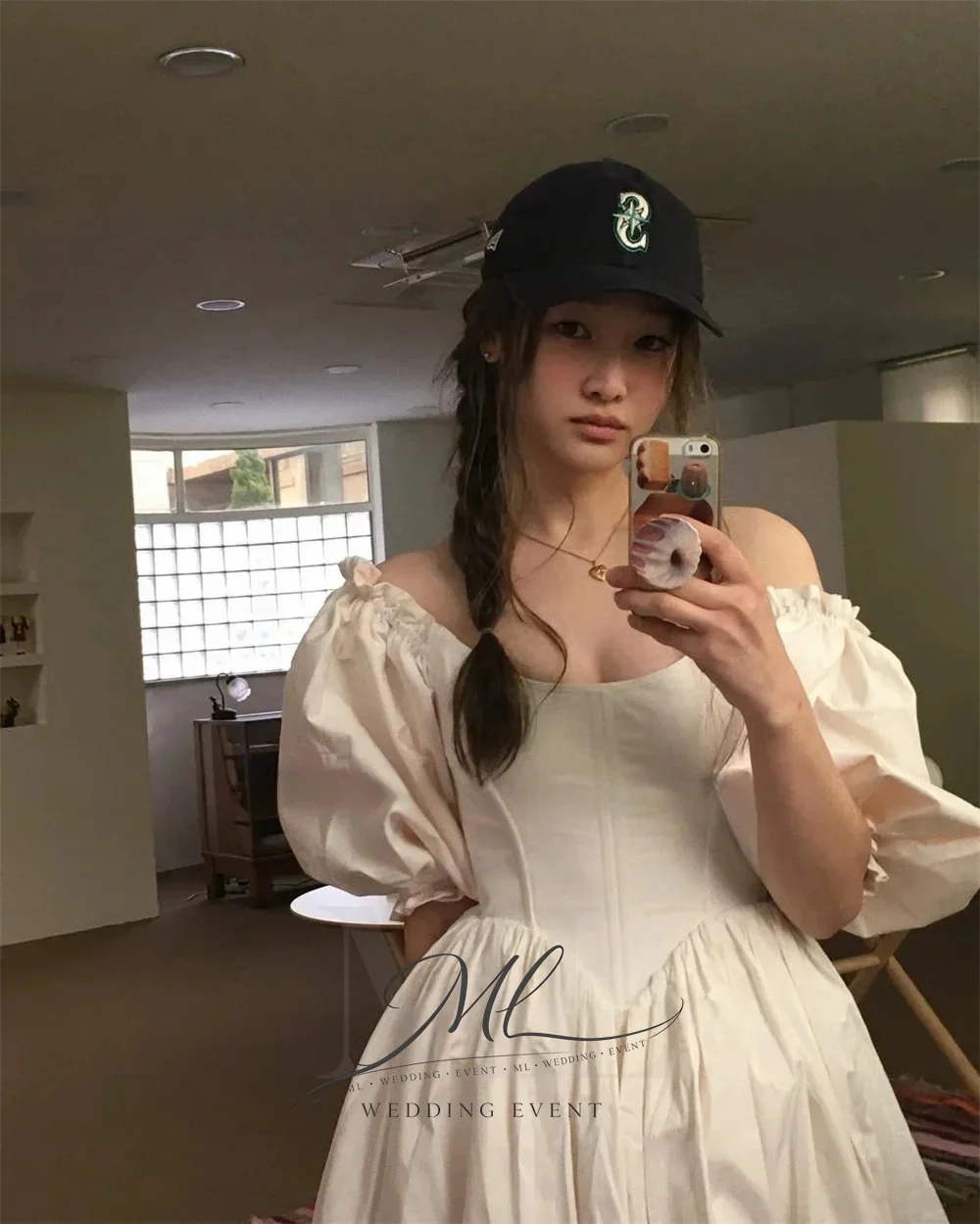 ML Simple Taffeta Wedding Dress Korea Photo Shoot Puff Sleeves Bridal Gown A line Floor Length 웨딩드레스 Customized