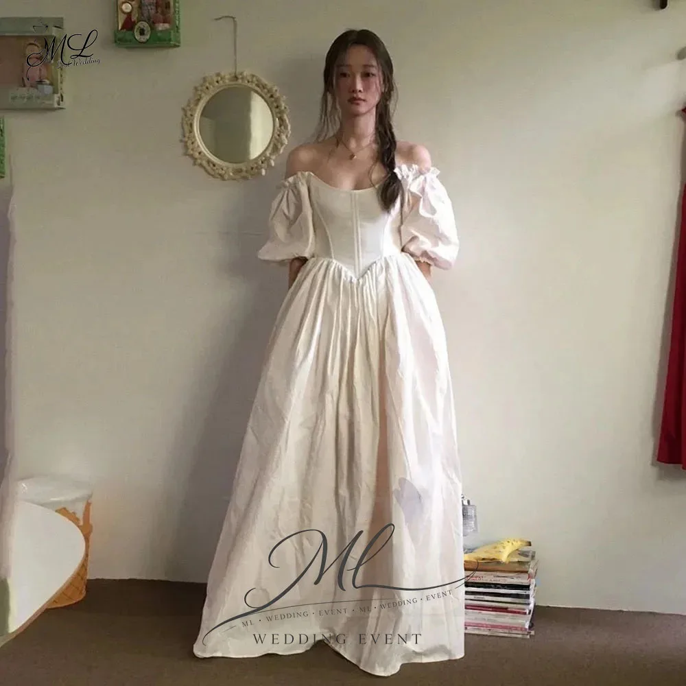 ML Simple Taffeta Wedding Dress Korea Photo Shoot Puff Sleeves Bridal Gown A line Floor Length 웨딩드레스 Customized