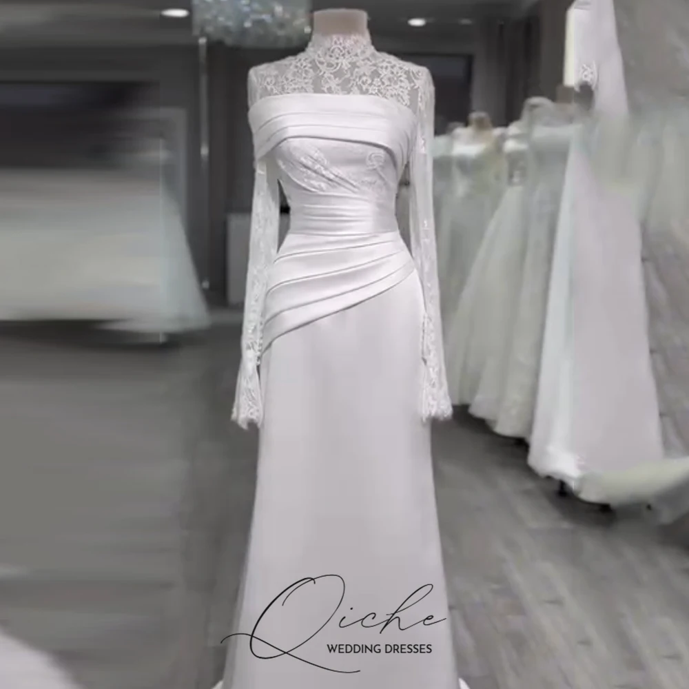 QICHE Satin Muslim Wedding Dresses High Neck Lace Full Sleeves Bride Gowns Dubai Modest White Long Bridal Dress Customized