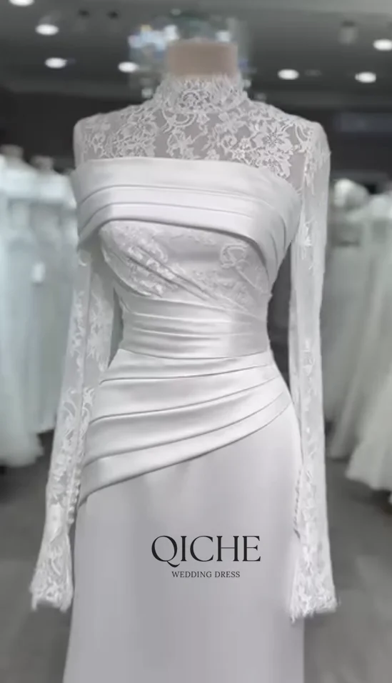 QICHE Satin Muslim Wedding Dresses High Neck Lace Full Sleeves Bride Gowns Dubai Modest White Long Bridal Dress Customized