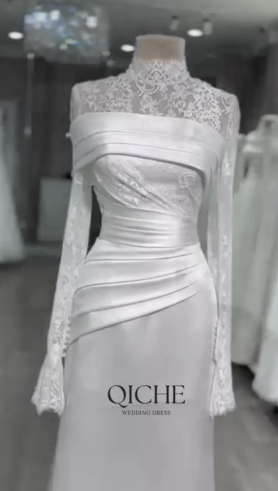QICHE Satin Muslim Wedding Dresses High Neck Lace Full Sleeves Bride Gowns Dubai Modest White Long Bridal Dress Customized