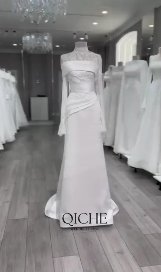 QICHE Satin Muslim Wedding Dresses High Neck Lace Full Sleeves Bride Gowns Dubai Modest White Long Bridal Dress Customized