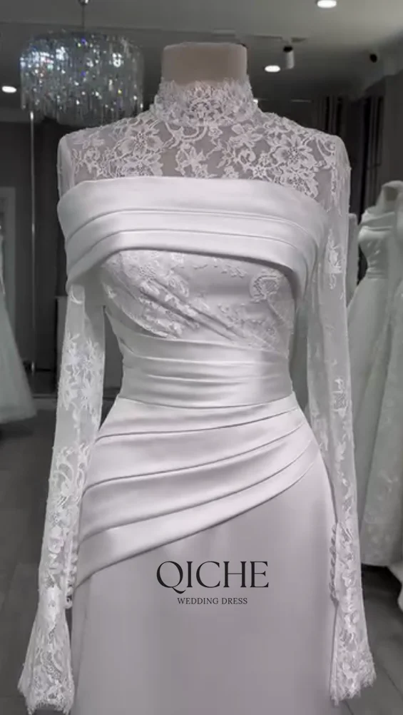 QICHE Satin Muslim Wedding Dresses High Neck Lace Full Sleeves Bride Gowns Dubai Modest White Long Bridal Dress Customized