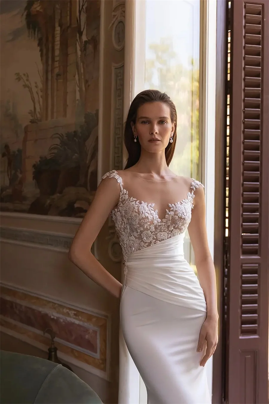 Customized Charming Boat Neck Beads Lace Appliques Top Mermaid Dress Satin Skirt Removable Train Zipper Evening Dress