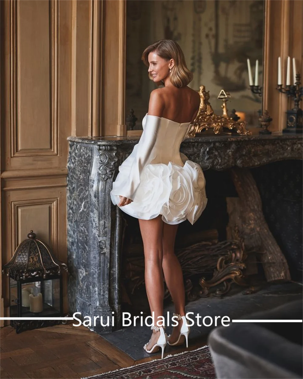 Customized Bohemian Boat Collar Satin Solid Beaded Floral Wedding Dress Short Mini Backless Wedding Gown Long Sleeve