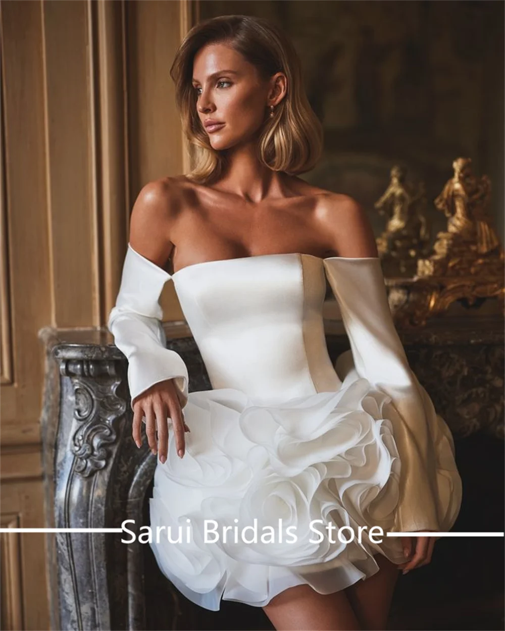 Customized Bohemian Boat Collar Satin Solid Beaded Floral Wedding Dress Short Mini Backless Wedding Gown Long Sleeve