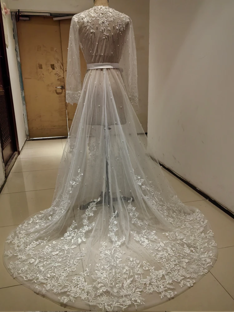Pearls Appliques Long Sleeve Wedding Robe Jacket Robe Party Shawl BOLERO Bridal Cape Crystal Beaded Long Wedding Coat Customized
