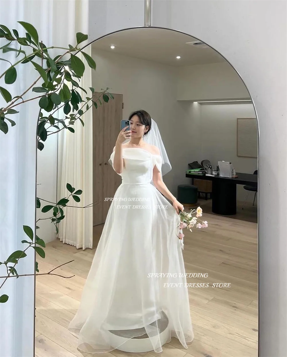 SPRAYING Graceful Silk Satin A Line Korea Wedding Dresses Customized For Photoshoot Off Shoulder Sleeves Bridal Gowns 2025
