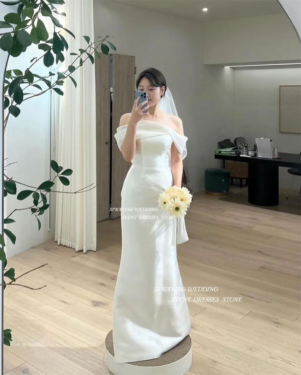SPRAYING Graceful Silk Satin A Line Korea Wedding Dresses Customized For Photoshoot Off Shoulder Sleeves Bridal Gowns 2025