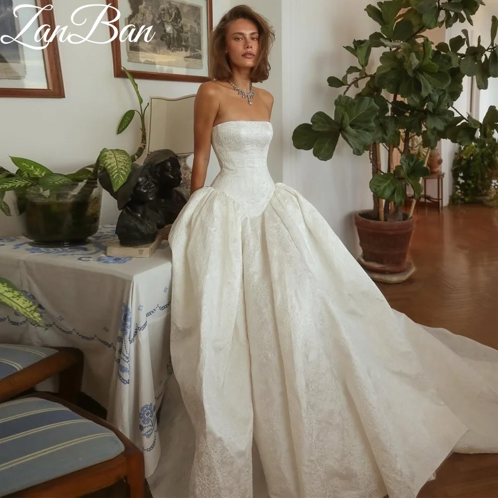 ZanBan Customized 2026 Lvory Jacquard A-line Wedding Dress Sleeveless Bridal Gown Princess Satin свадебное плать