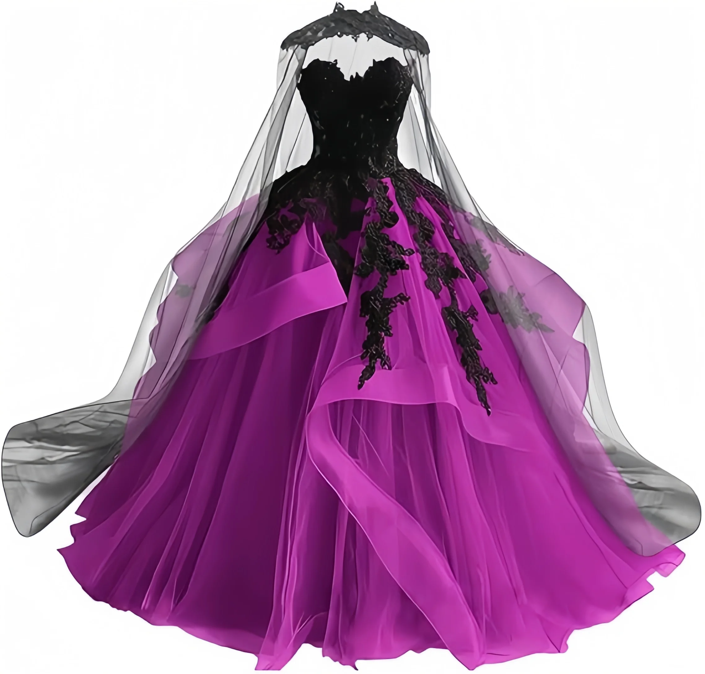 Gothic Victorian Tulle Wedding Dresses for Bride Black Lace Bridal Gowns Puffy Strapless Wedding Gown Dress with Cape