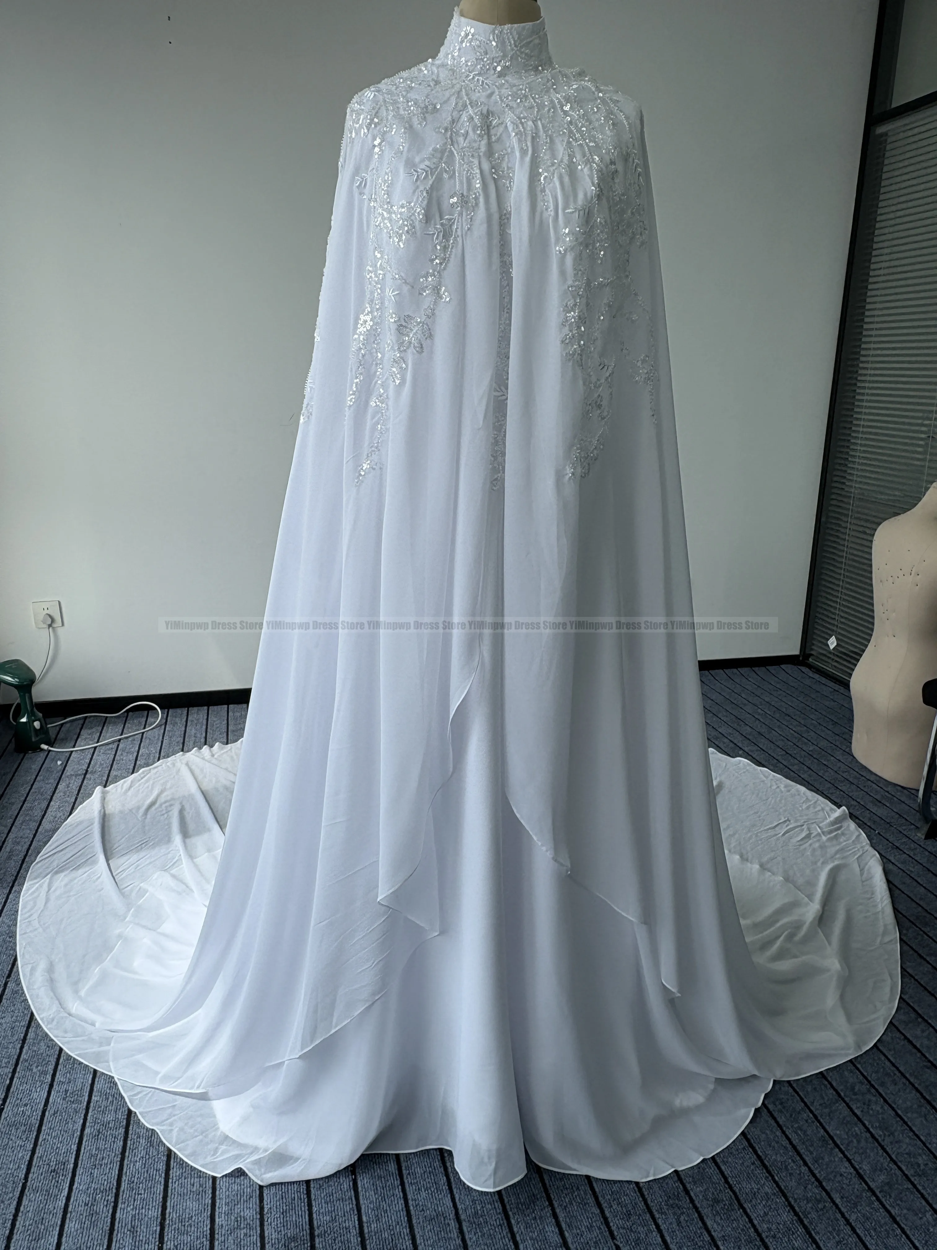 Muslim Wedding Dresses Hijab High Neck Long Sleeve A Line Bride Dress Chiffon Pearls Bridal Gown vestidos de novia Customized