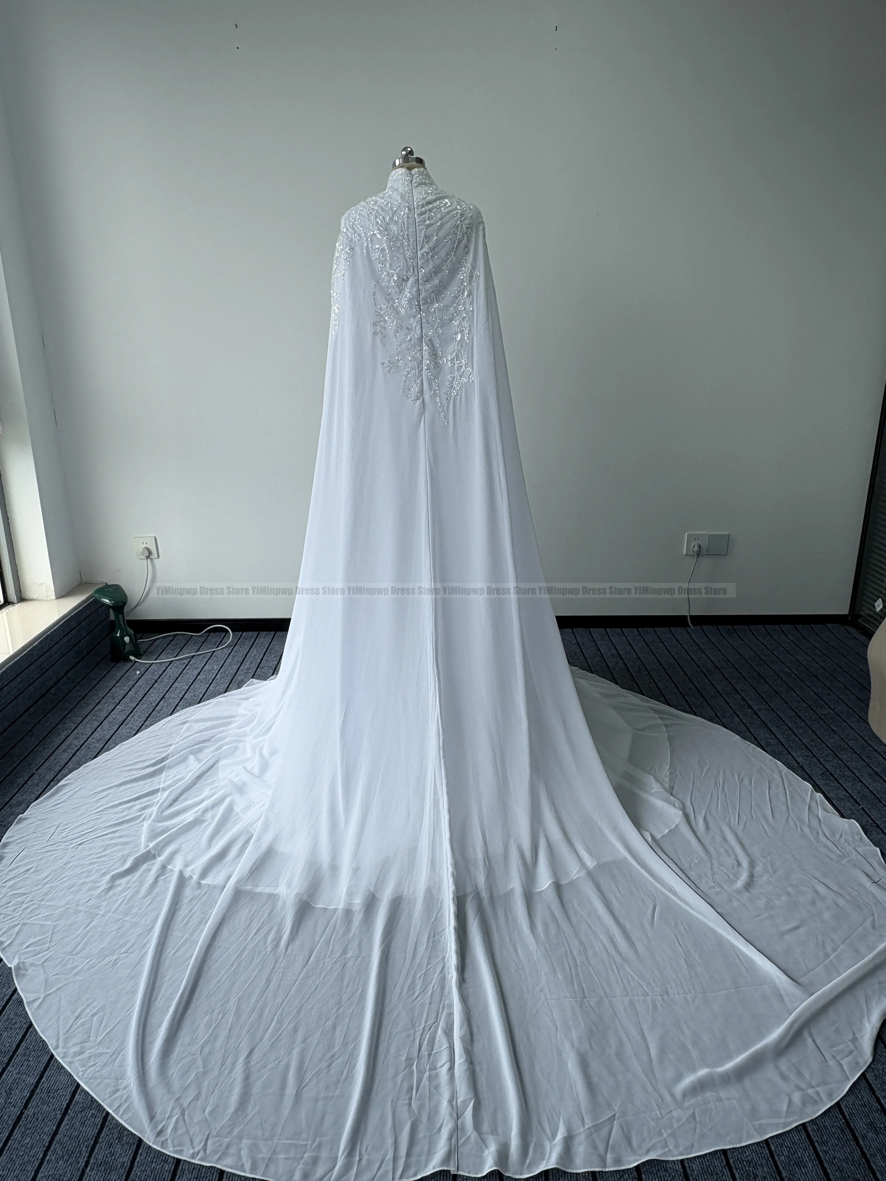 Muslim Wedding Dresses Hijab High Neck Long Sleeve A Line Bride Dress Chiffon Pearls Bridal Gown vestidos de novia Customized