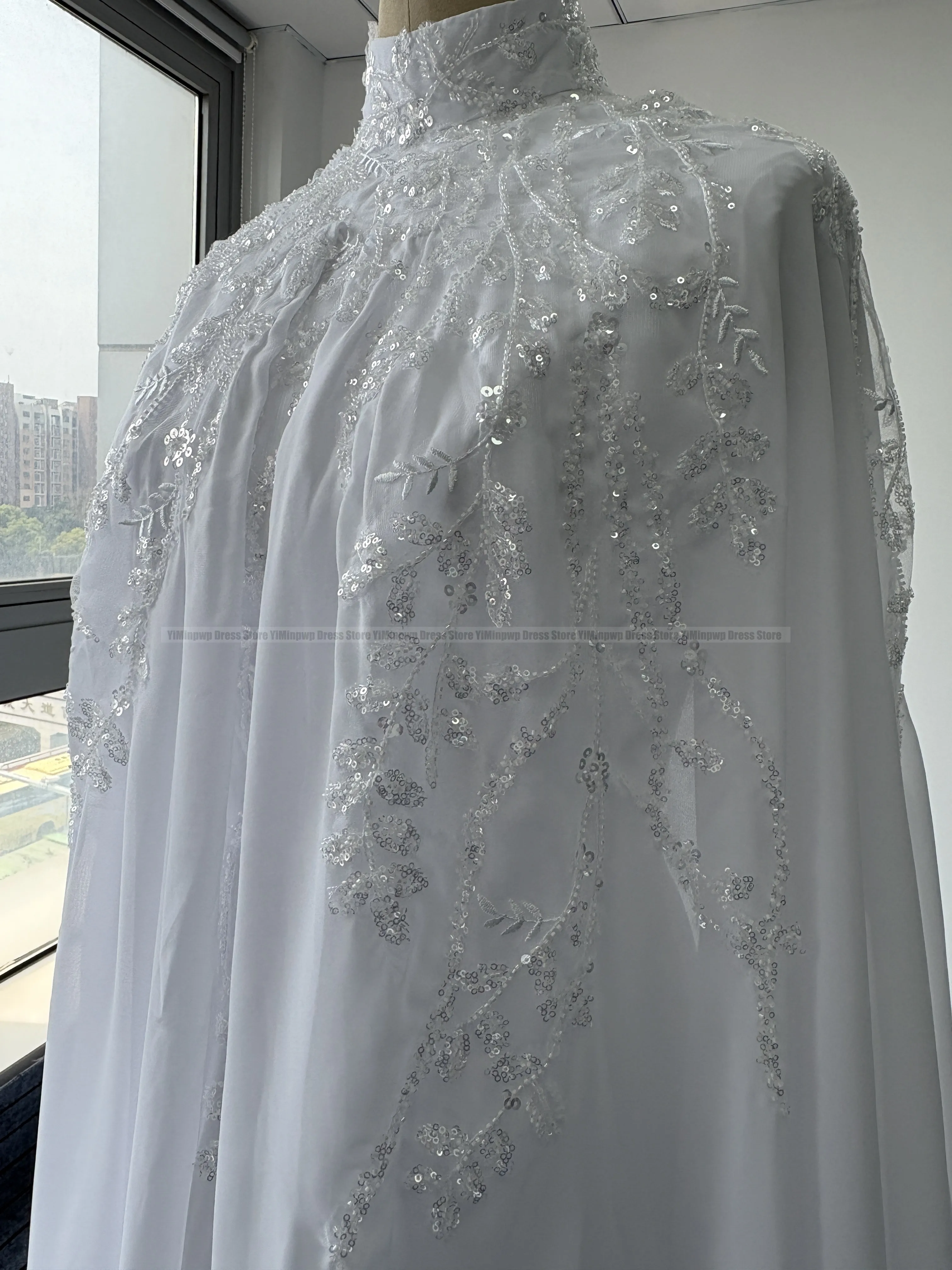 Muslim Wedding Dresses Hijab High Neck Long Sleeve A Line Bride Dress Chiffon Pearls Bridal Gown vestidos de novia Customized