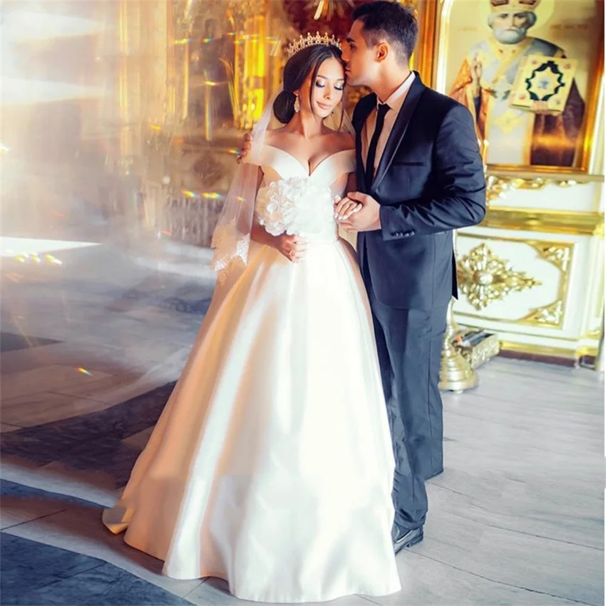 vestidos de novia Simple Satin Wedding Dresses Sexy V-neck Off The Shoulder A-line Floor Length robe de mariée Fiesta De Boda