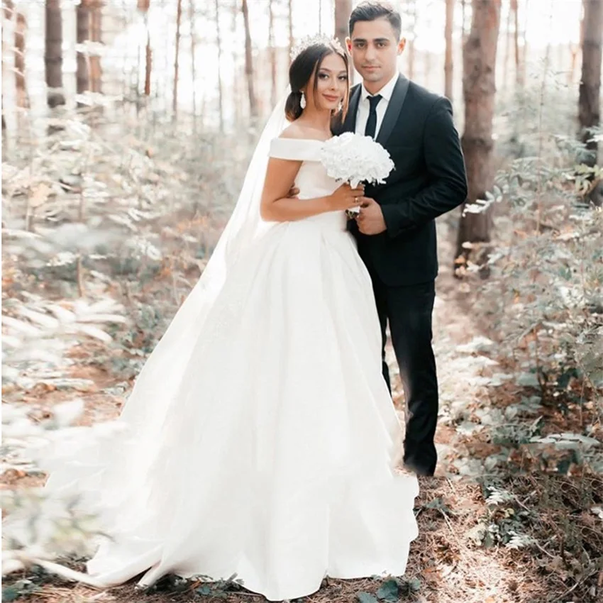 vestidos de novia Simple Satin Wedding Dresses Sexy V-neck Off The Shoulder A-line Floor Length robe de mariée Fiesta De Boda