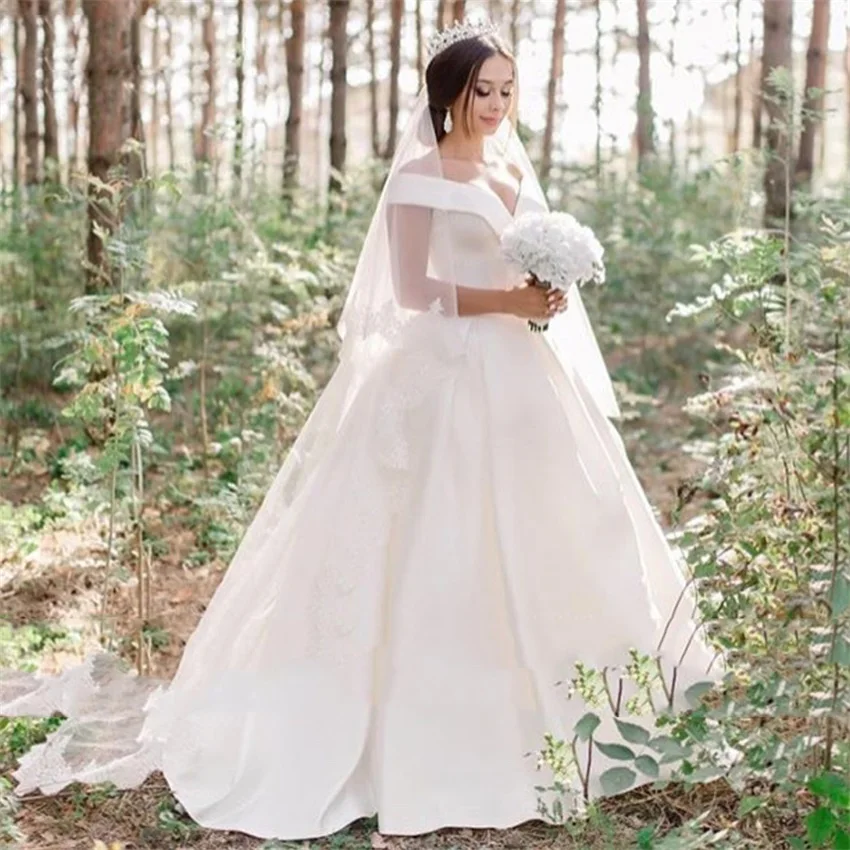 vestidos de novia Simple Satin Wedding Dresses Sexy V-neck Off The Shoulder A-line Floor Length robe de mariée Fiesta De Boda