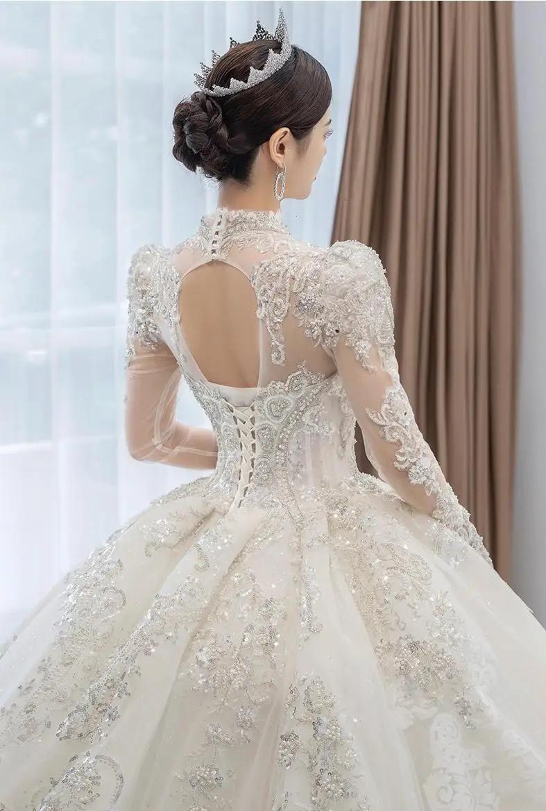 Customized Luxury Bedad Long Sleeve Winter Wedding Dress 2025 New V Neck Vestido De Noiva For Bride Gown Plus Size Floor Length