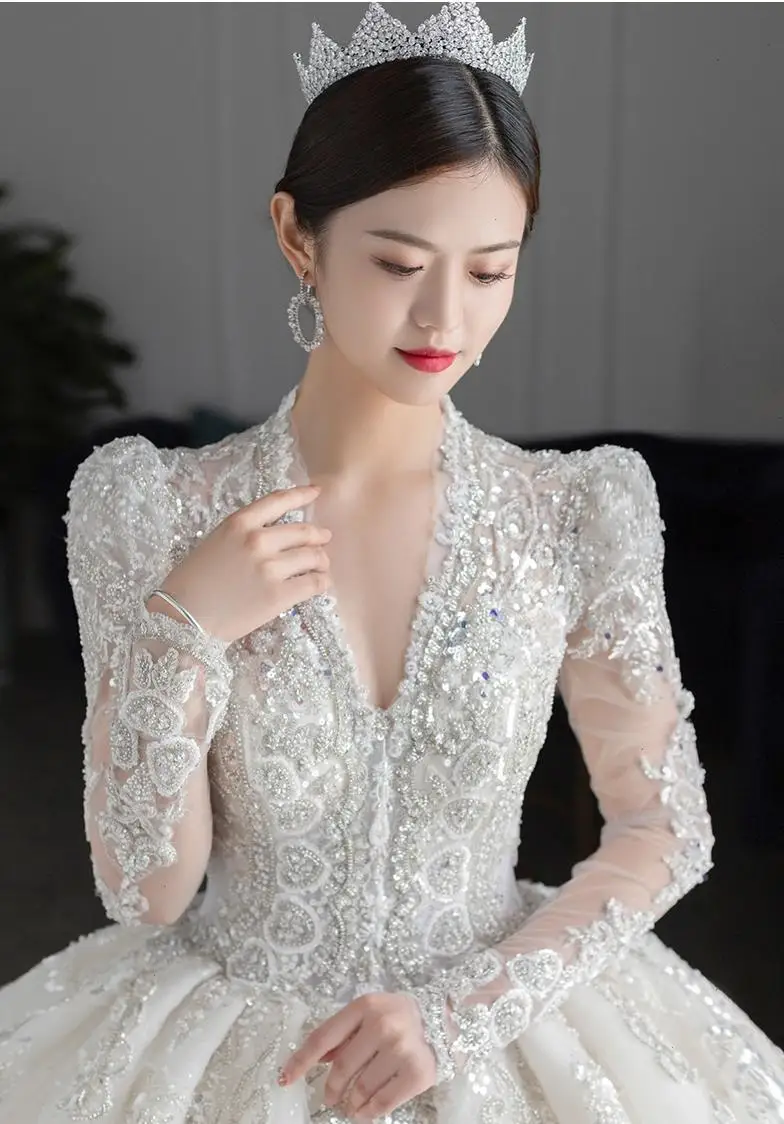 Customized Luxury Bedad Long Sleeve Winter Wedding Dress 2025 New V Neck Vestido De Noiva For Bride Gown Plus Size Floor Length