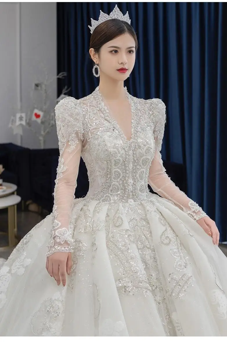 Customized Luxury Bedad Long Sleeve Winter Wedding Dress 2025 New V Neck Vestido De Noiva For Bride Gown Plus Size Floor Length