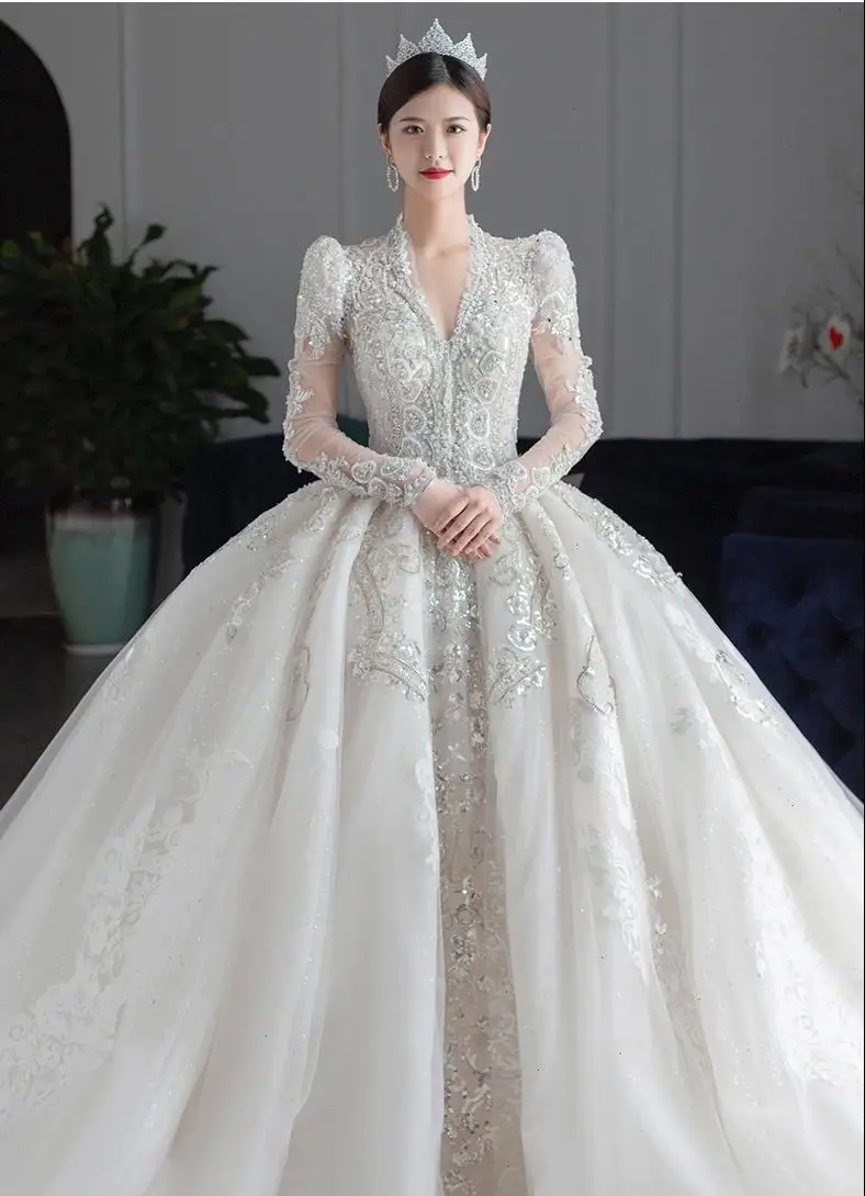 Customized Luxury Bedad Long Sleeve Winter Wedding Dress 2025 New V Neck Vestido De Noiva For Bride Gown Plus Size Floor Length