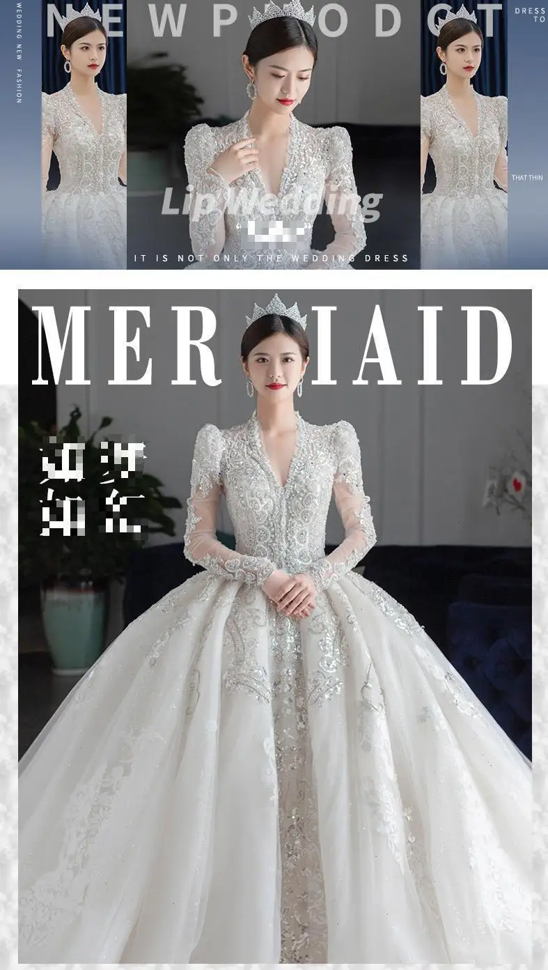 Customized Luxury Bedad Long Sleeve Winter Wedding Dress 2025 New V Neck Vestido De Noiva For Bride Gown Plus Size Floor Length