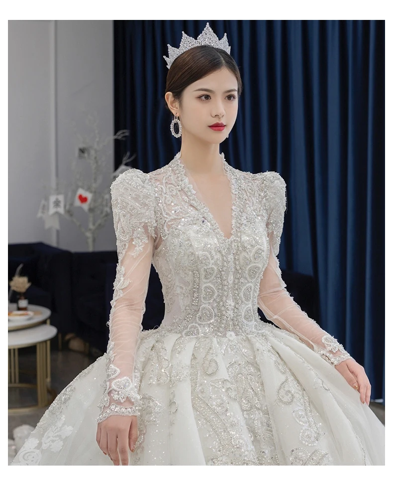 Customized Luxury Bedad Long Sleeve Winter Wedding Dress 2025 New V Neck Vestido De Noiva For Bride Gown Plus Size Floor Length