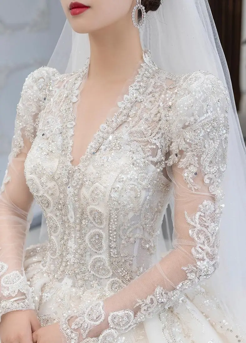 Customized Luxury Bedad Long Sleeve Winter Wedding Dress 2025 New V Neck Vestido De Noiva For Bride Gown Plus Size Floor Length