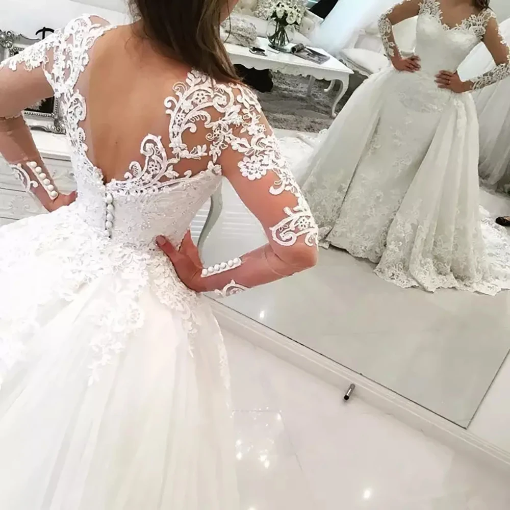 2020 New 2 in 1 Arabic Amazing Detachable Train Mermaid Wedding Dress Long Sleeve Lace Bridal Wedding Gowns