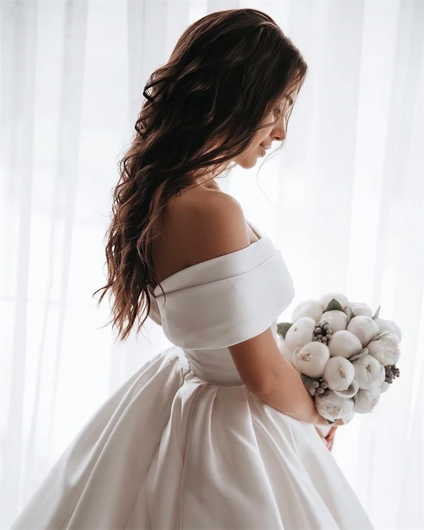 Customized Luxury White Satin Ball Gown Wedding Dress Off The Shoulder Sweep Train Appliques Bride Dresses Vetidos de novia