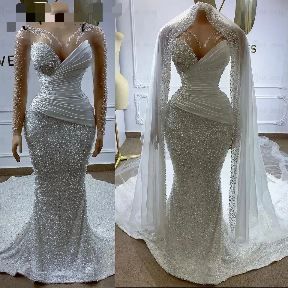 African Wedding Dresses Plus Size Luxury Mermaid Crystal Beaded Illusion Sleeve Ruffle Train High Quality Bridal Gown Customized