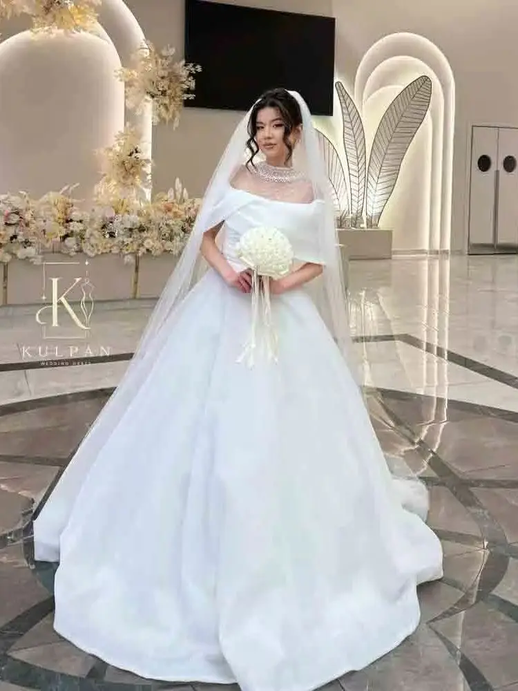 Customized Satin Ball Gown Wedding Dress Off Shoulder Cape Sleeve Pearl Sheer High Neck A Line Bridal Gown With Train We