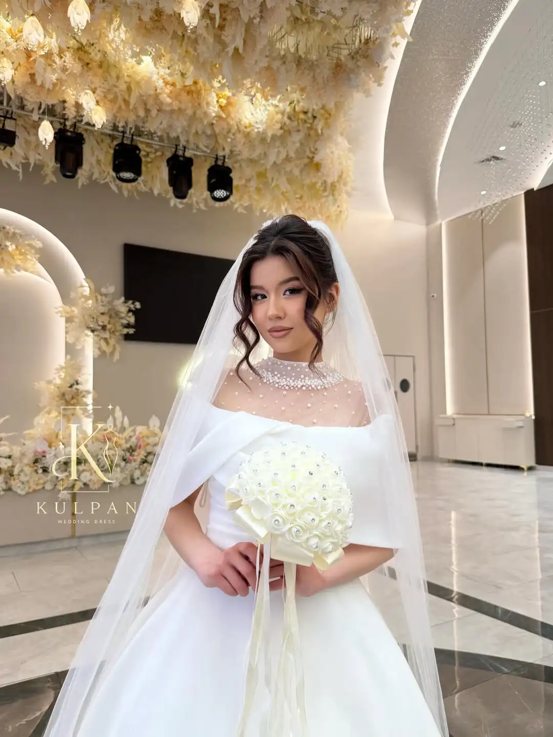 Customized Satin Ball Gown Wedding Dress Off Shoulder Cape Sleeve Pearl Sheer High Neck A Line Bridal Gown With Train We