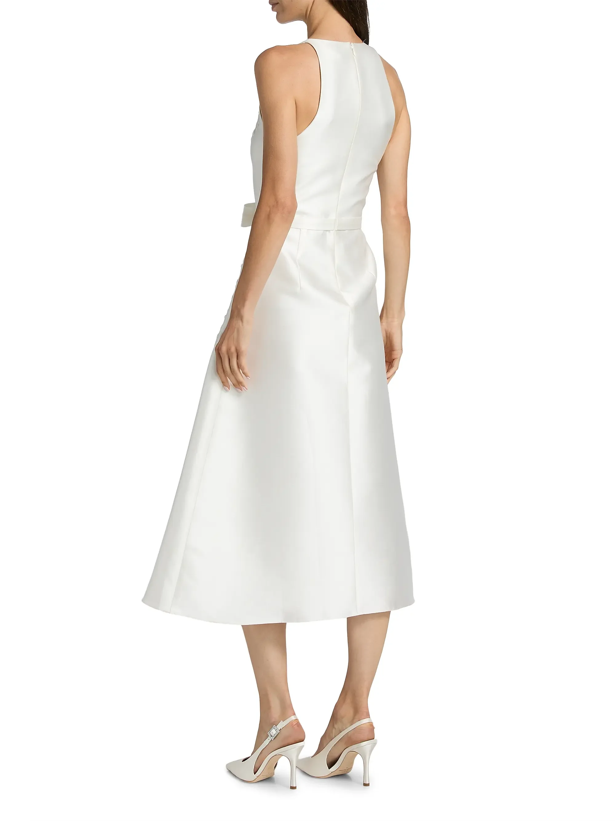 Customized Elegant Minimalist White Satin Midi Cocktail Dress Featuring Sleeveless Halter Keyhole Vertical Floral Lace Appliqués