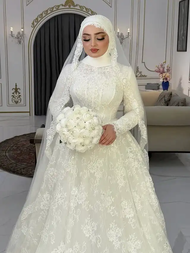 Customized Full Lace Muslim Wedding Dress With Hijab High Neck Long Sleeve Modest A Line Floor Length Islamic Bridal Gown
