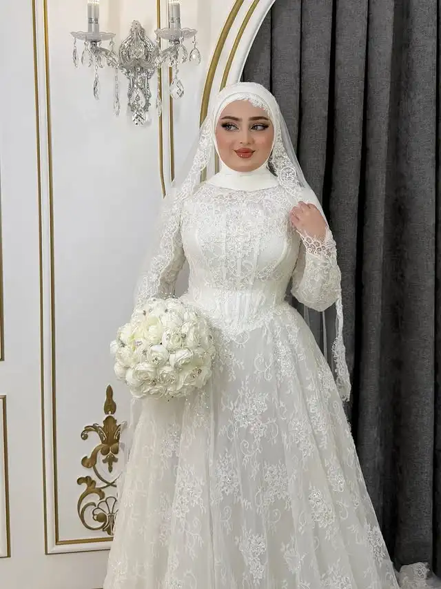 Customized Full Lace Muslim Wedding Dress With Hijab High Neck Long Sleeve Modest A Line Floor Length Islamic Bridal Gown