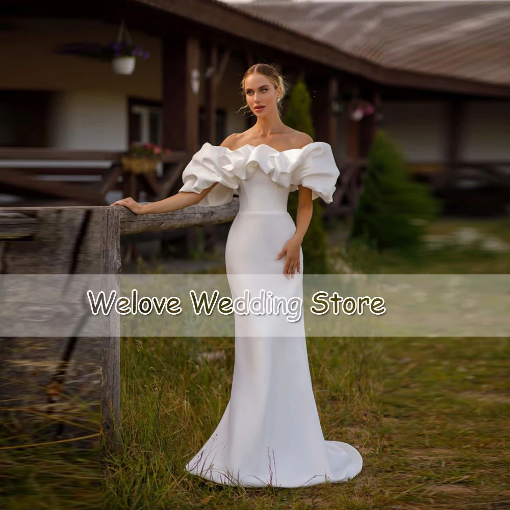 Elegant Satin Mermaid Wedding Dress Off Shoulder Ruffles Short Sleeve White Bridal Gown For Woman Modern Robe De Mariage Custom