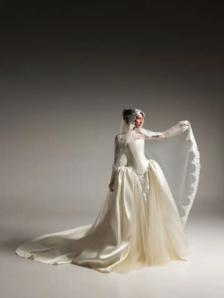 Vestido De Novia Desmontable 2 En 1 Lace Wedding Dress Satin Vestidos Para Boda Por La Iglesia Corset Long Sleeve Vintage Noiva