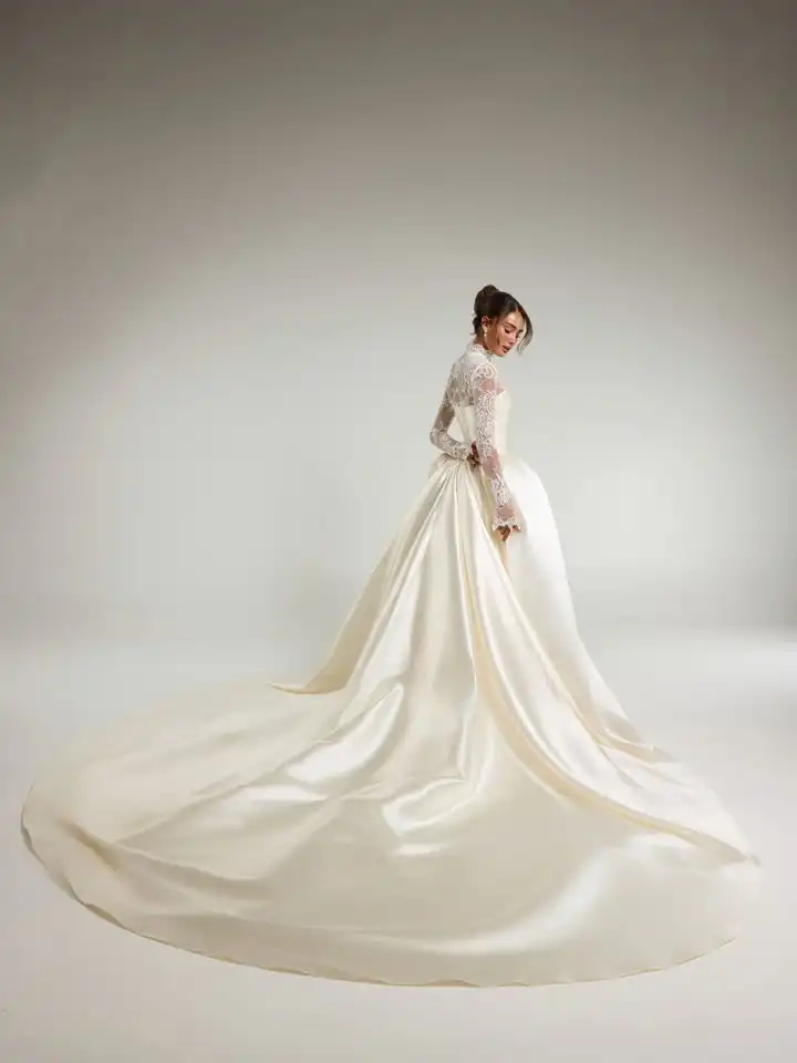 Vestido De Novia Desmontable 2 En 1 Lace Wedding Dress Satin Vestidos Para Boda Por La Iglesia Corset Long Sleeve Vintage Noiva