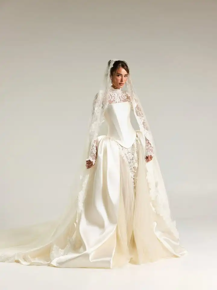 Vestido De Novia Desmontable 2 En 1 Lace Wedding Dress Satin Vestidos Para Boda Por La Iglesia Corset Long Sleeve Vintage Noiva