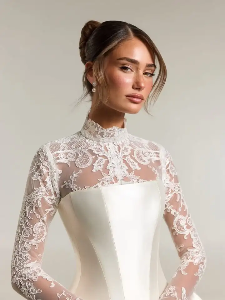 Vestido De Novia Desmontable 2 En 1 Lace Wedding Dress Satin Vestidos Para Boda Por La Iglesia Corset Long Sleeve Vintage Noiva
